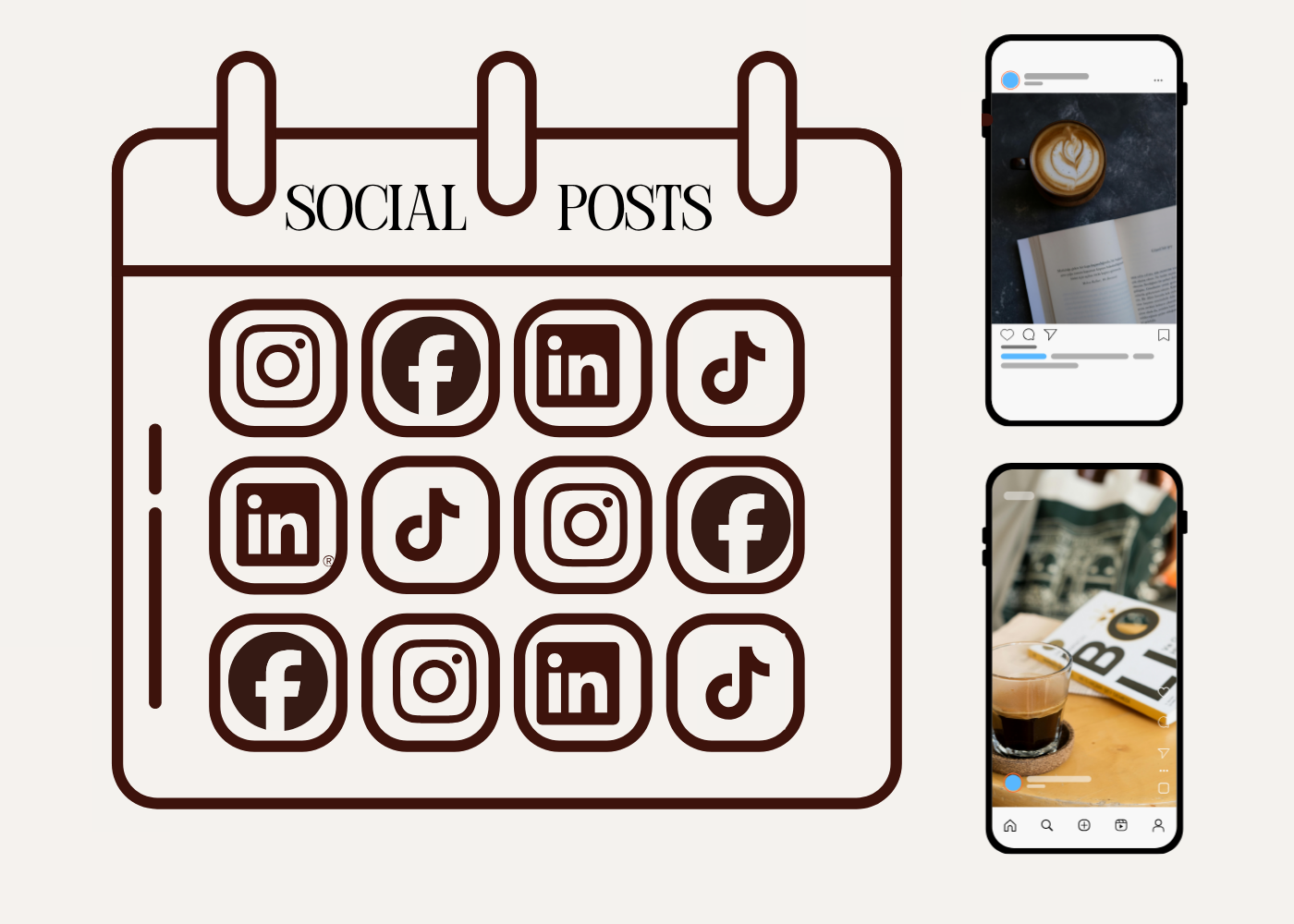 Illustration of a social media planner with icons for Instagram, Facebook, LinkedIn, and TikTok, and two smartphones displaying social media posts, one with a latte art photo and the other with a coffee and magazine scene.