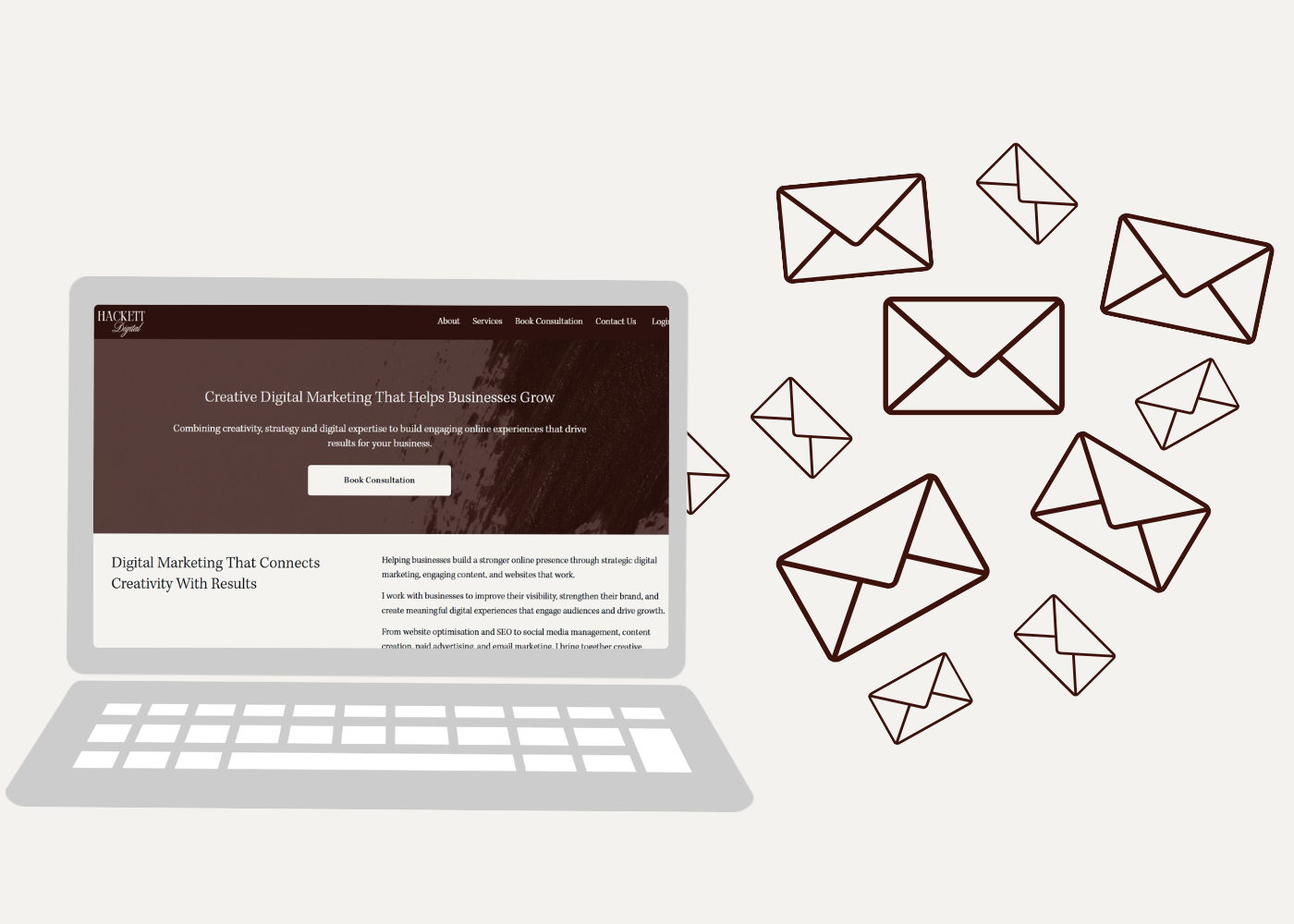 Digital marketing website on a laptop screen with email icons floating nearby.