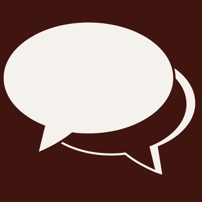 Two overlapping speech bubbles, one white and one brown, on a dark brown background.