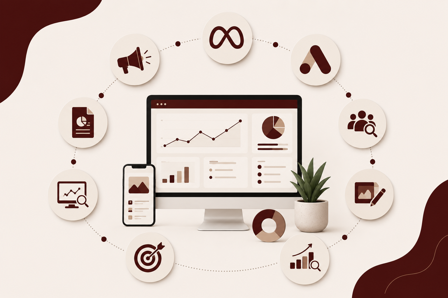 Digital marketing and analytics icons surrounding a desktop computer and smartphone showing data charts and graphs on a minimalist background with a small potted plant.