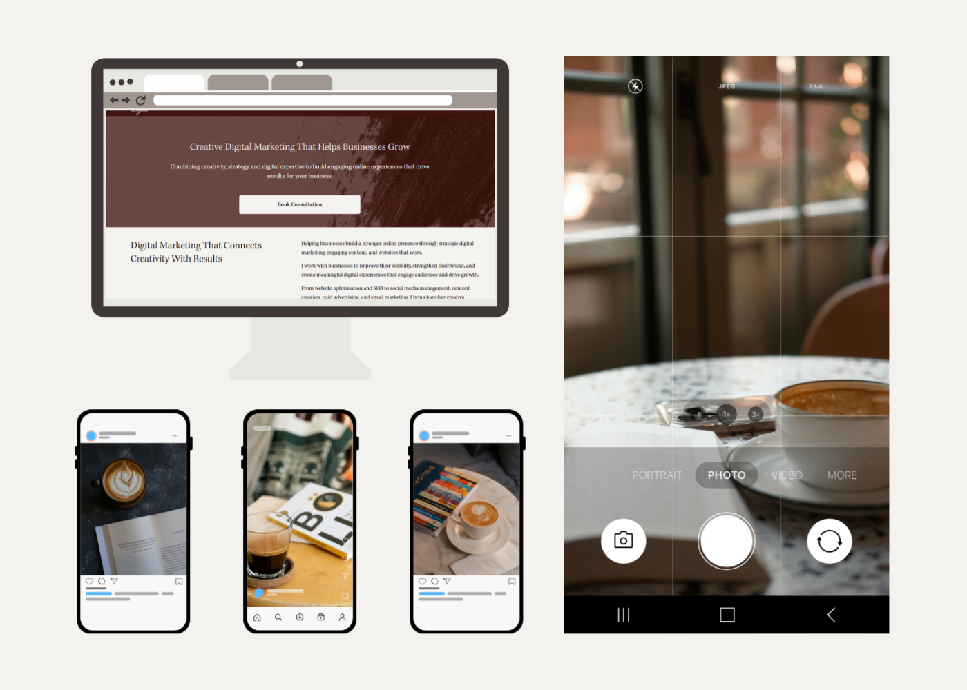 A digital marketing website displayed on a computer monitor, with three smartphones showing social media posts of coffee beverages, and a smartphone camera viewfinder capturing a coffee cup and a notebook.