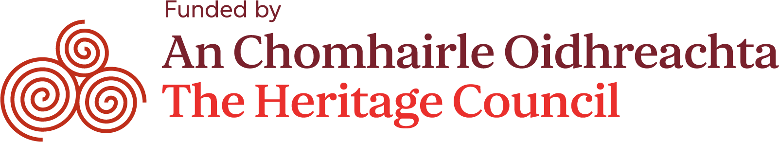 Logo for The Heritage Council, funded by An Chomhairle Oidhreachtachta, featuring red and purple spiral designs.