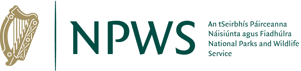 Logo of the National Parks and Wildlife Service with a gold harp icon on the left and the abbreviation 'NPWS' next to it, along with the Irish and English text.
