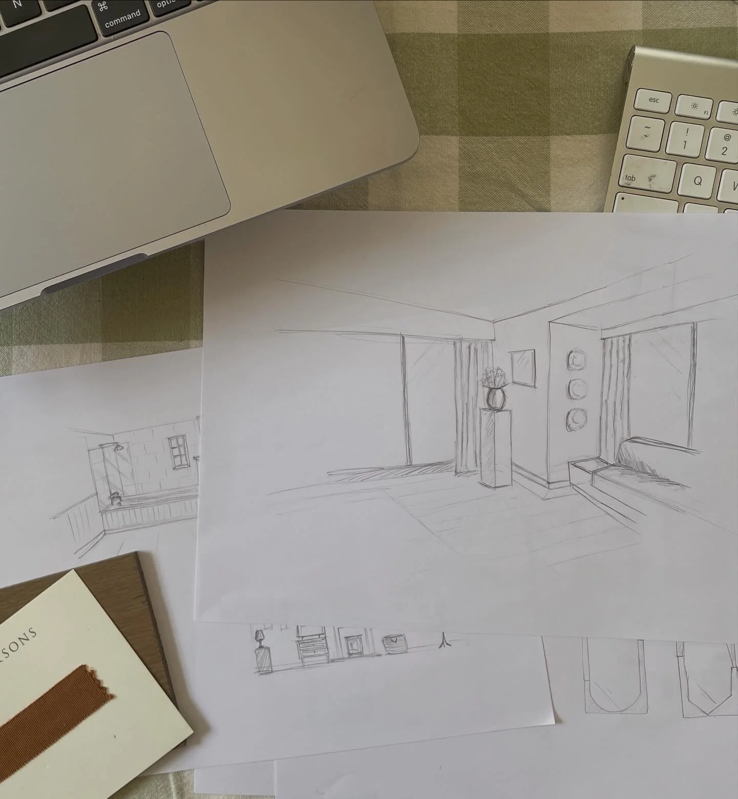 Sketch of a living room interior with a sitting area, curtains, framed art on the wall, and a potted plant on a pedestal.