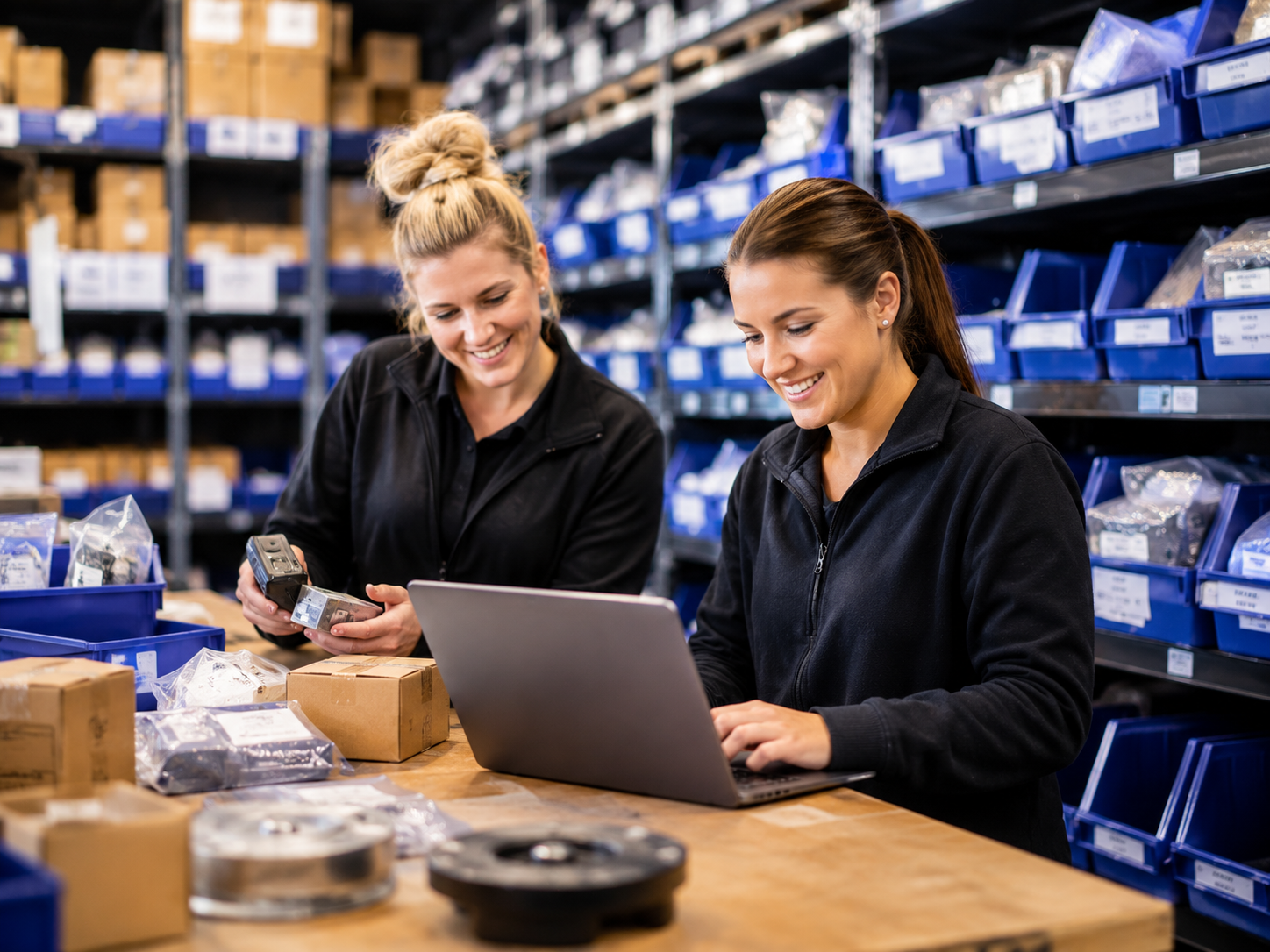 Two women working at a warehouse, one is using a laptop and the other is scanning packages, surrounded by blue bins and cardboard boxes.