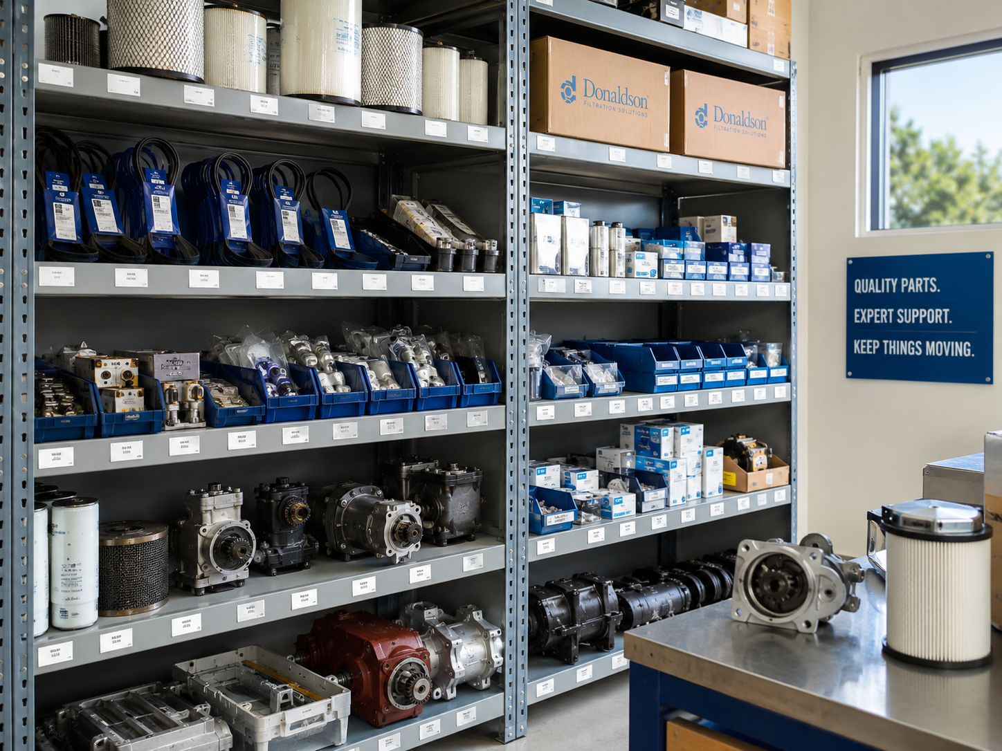Industrial parts and equipment on metal shelves in a workshop or parts store, with a sign reading 'Quality Parts. Expert Support. Keep Things Moving.' visible on the wall.