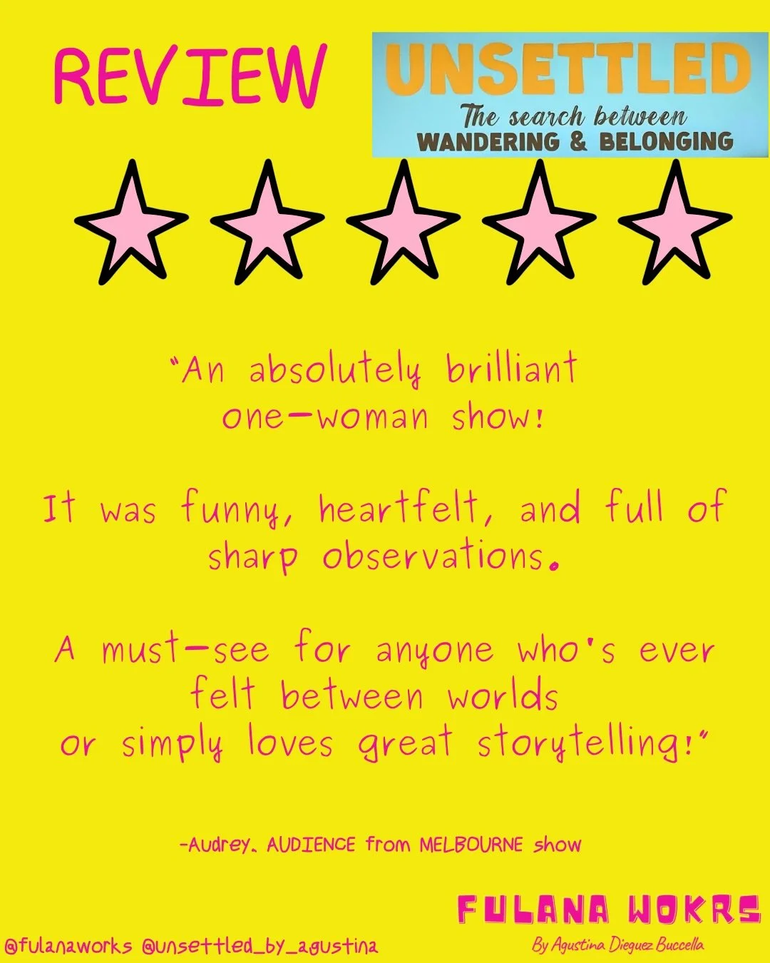 Sharing some audience reviews from &ldquo;Unsettled: The Search Between Wandering &amp; Belonging&rdquo; during its tour around Australia. 

The show had 5-star reviews &amp; it sold out multiple times, but the most rewarding part is always the posit