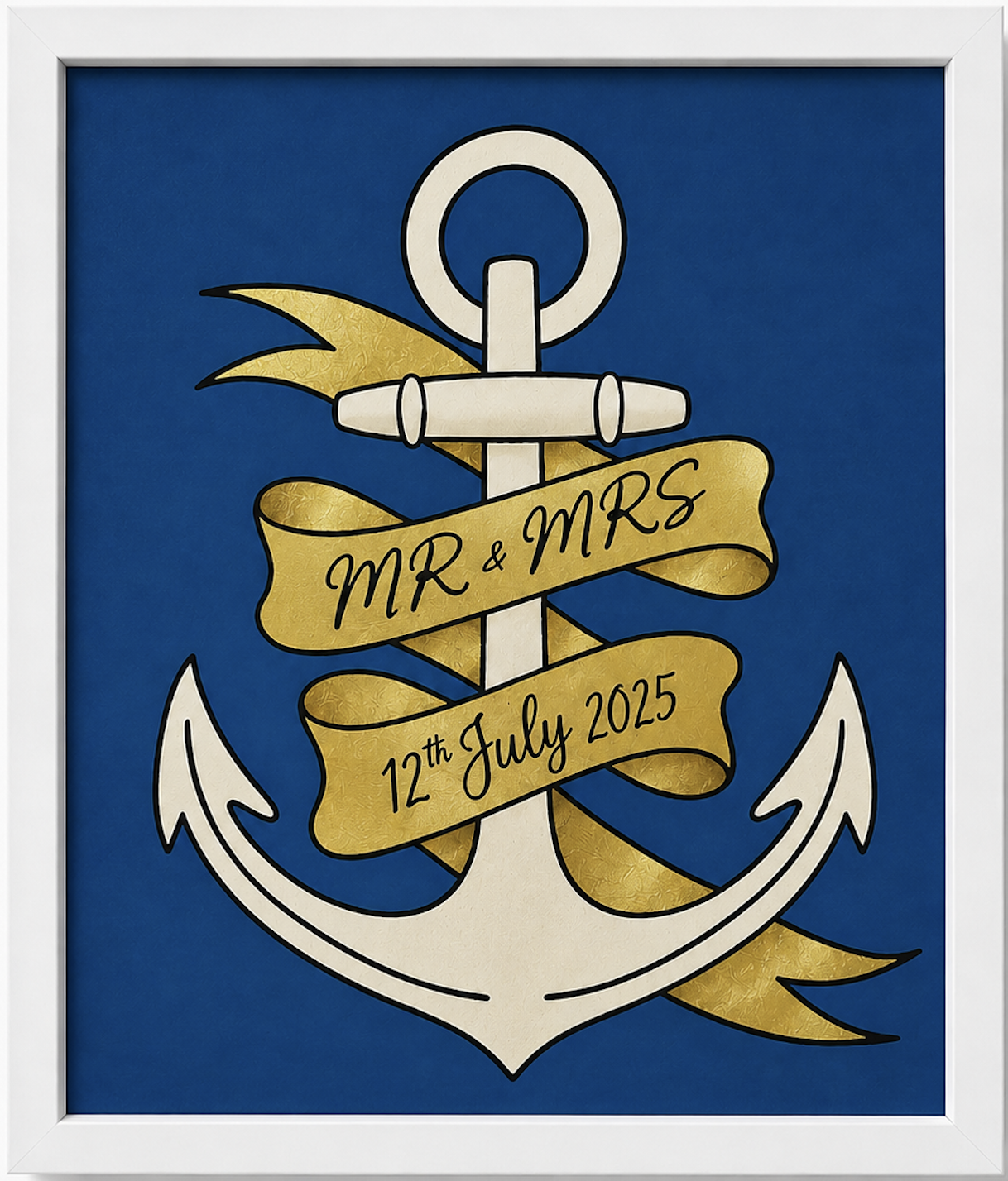 Tattoo-style image of an anchor with a yellow ribbon saying 'MR & MRS 12th July 2025' on a blue background.