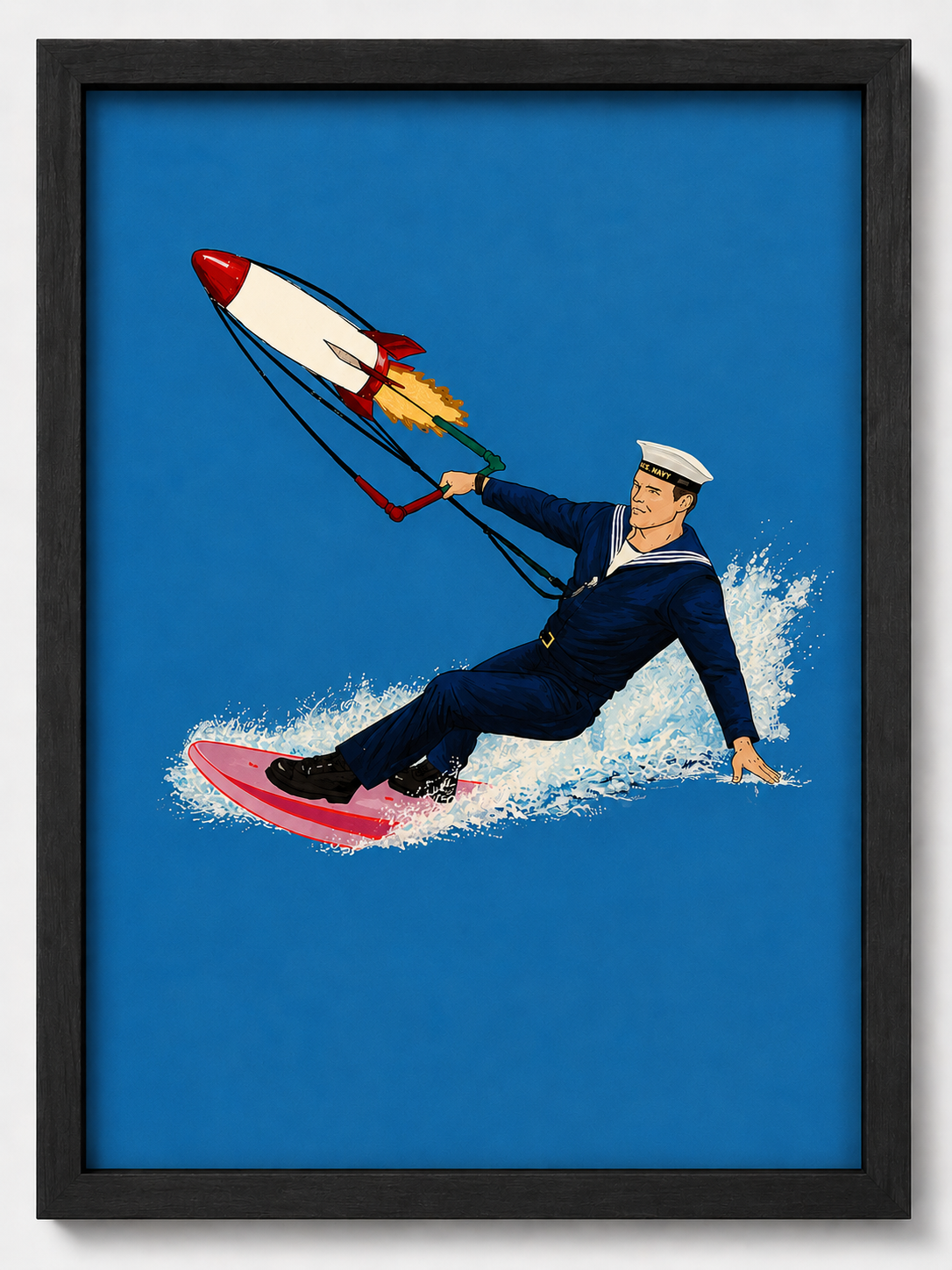 A vintage style illustration of a sailor in a navy uniform riding a pink surfboard on water, being towed by a rocket with flames, against a solid blue background.