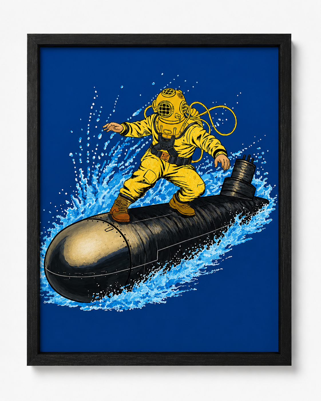 A comic-style illustration of a man in a yellow diving suit riding a large underwater mine, with splashes of water around them on a deep blue background.