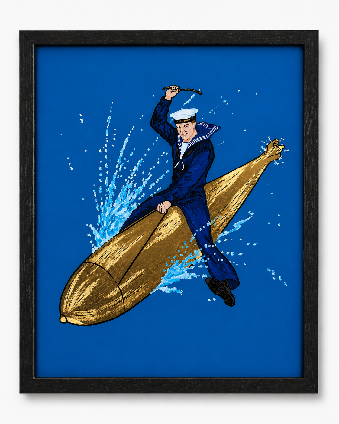 A vintage-style illustration of a sailor in a navy blue uniform riding a large golden shell through water with splashes, holding a whip overhead.