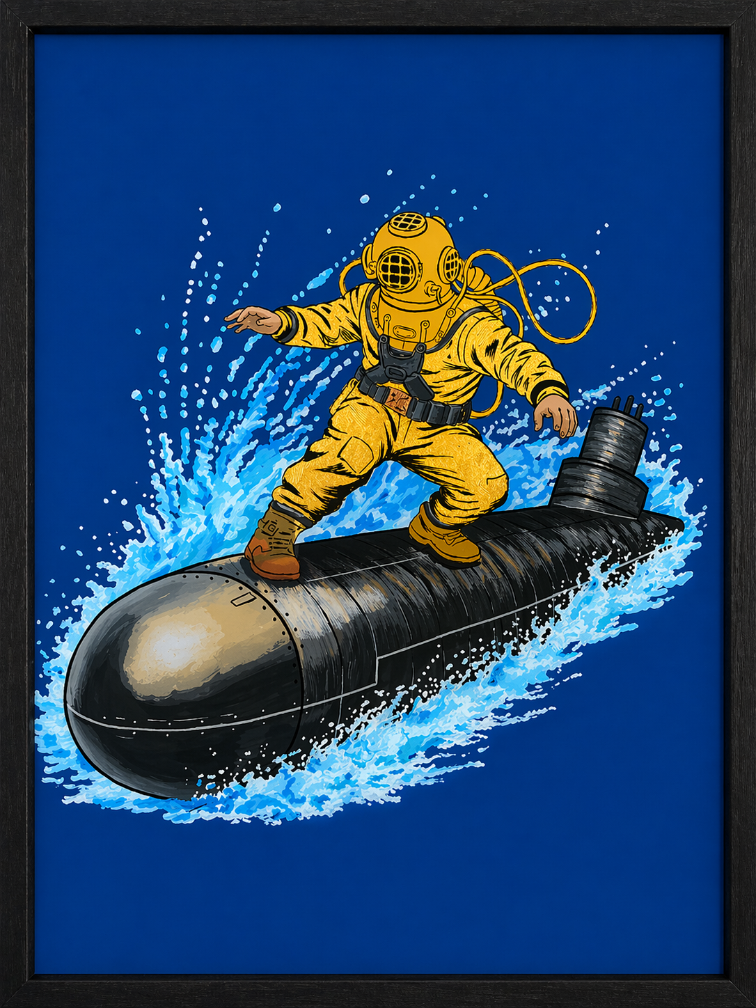 A person in a yellow diving suit and helmet riding a black submarine through water with splashes and bubbles, set against a blue background.
