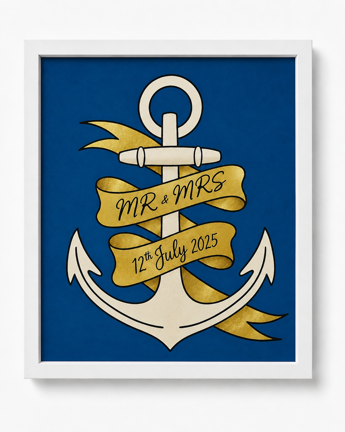 Decorative poster with an anchor and a gold ribbon, reading 'MR & MRS 12th July 2025', on a blue background.