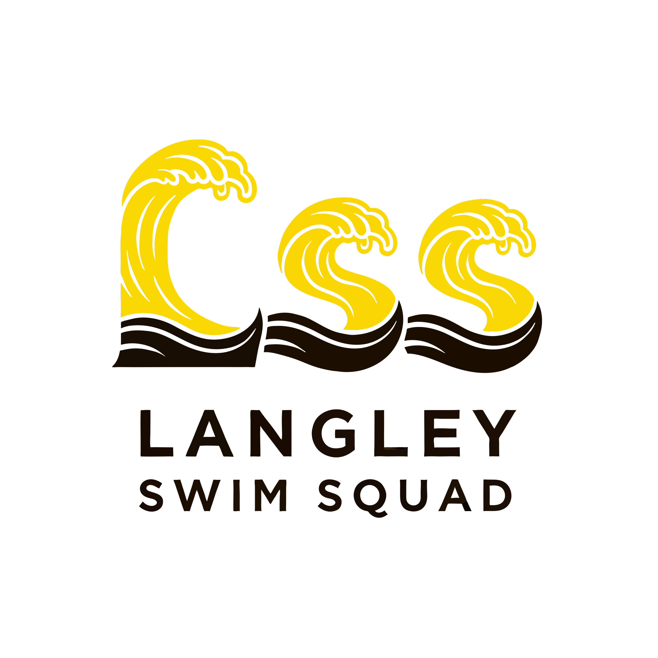Black background with yellow stylized waves and text that says 'Langleys Swim Squad.'