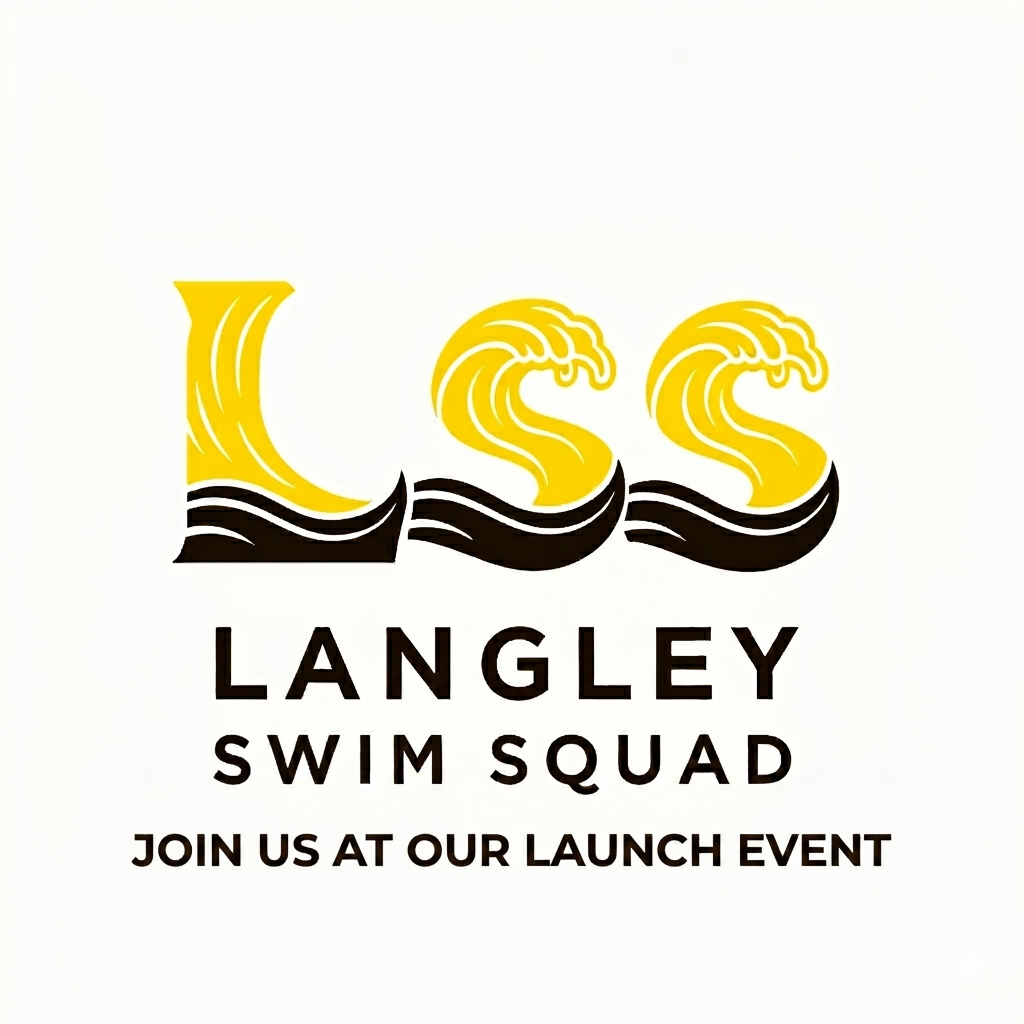 Logo for Langley Swim Squad featuring stylized yellow waves and black water, with text inviting to join their launch event.
