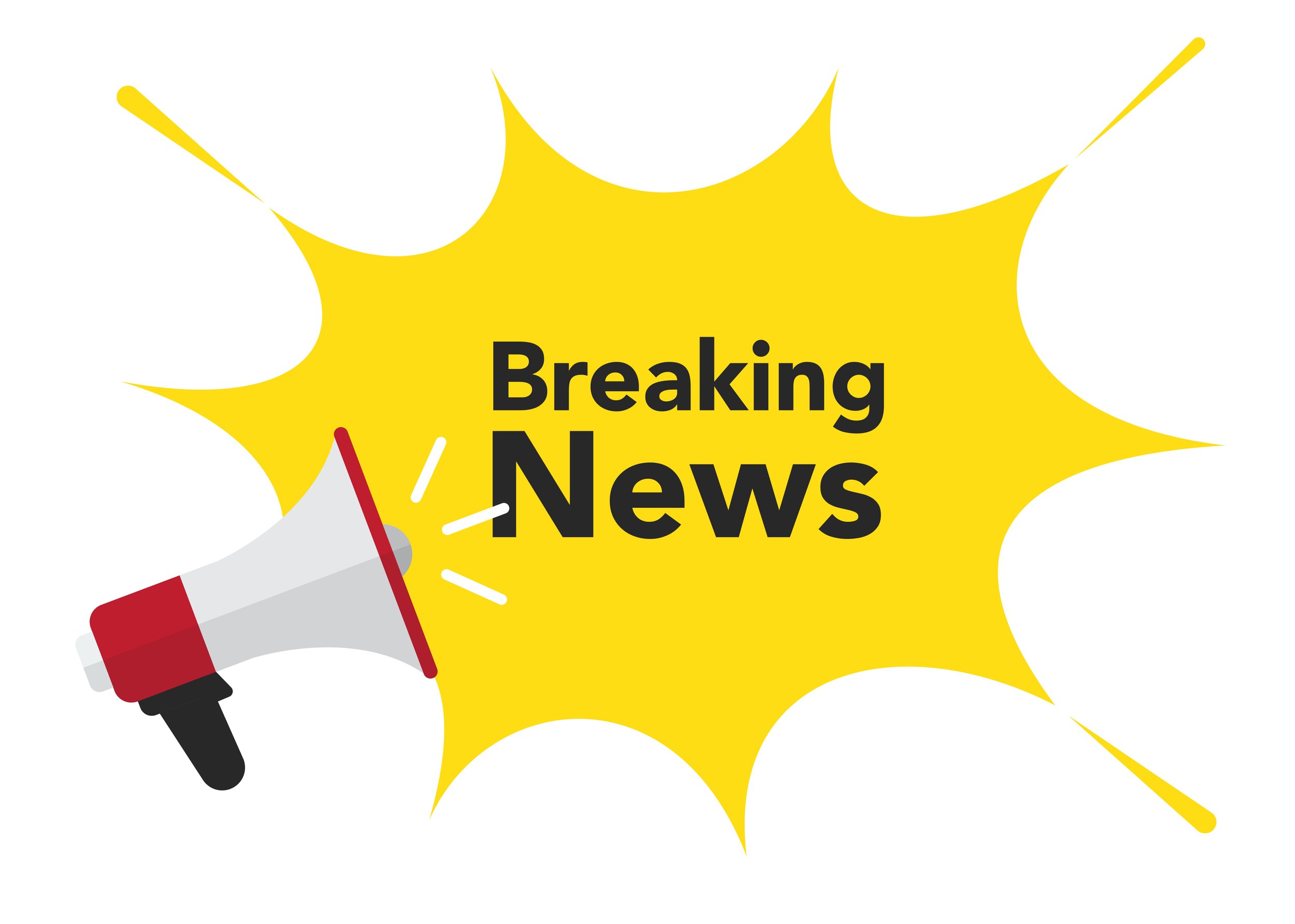 Bright yellow comic-style explosion shape with the words "Breaking News" in black text and a red and white megaphone on the left.