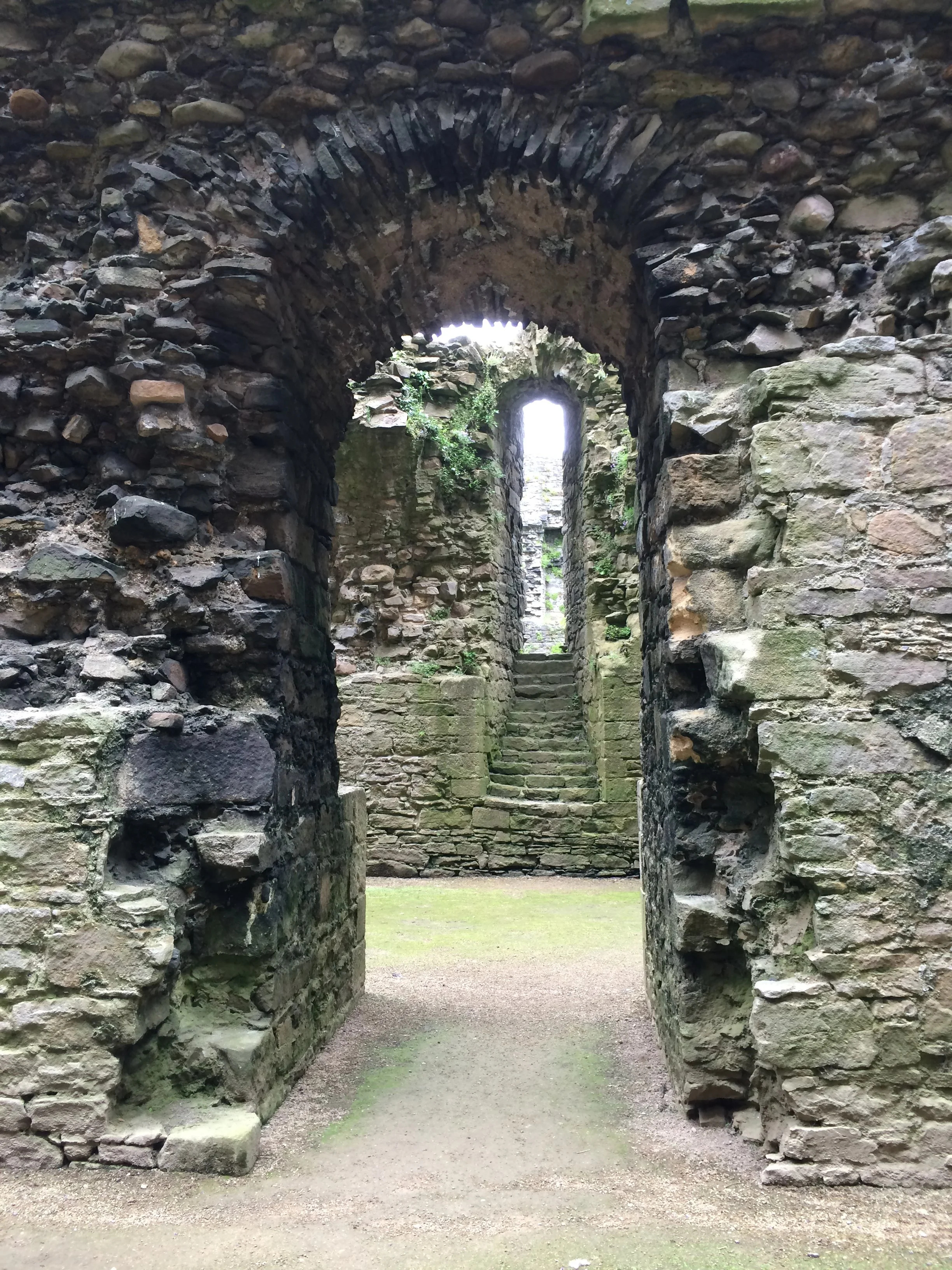 Ancient stone ruins with arched doorway and stairs leading to a small window, surrounded by moss and small plants.