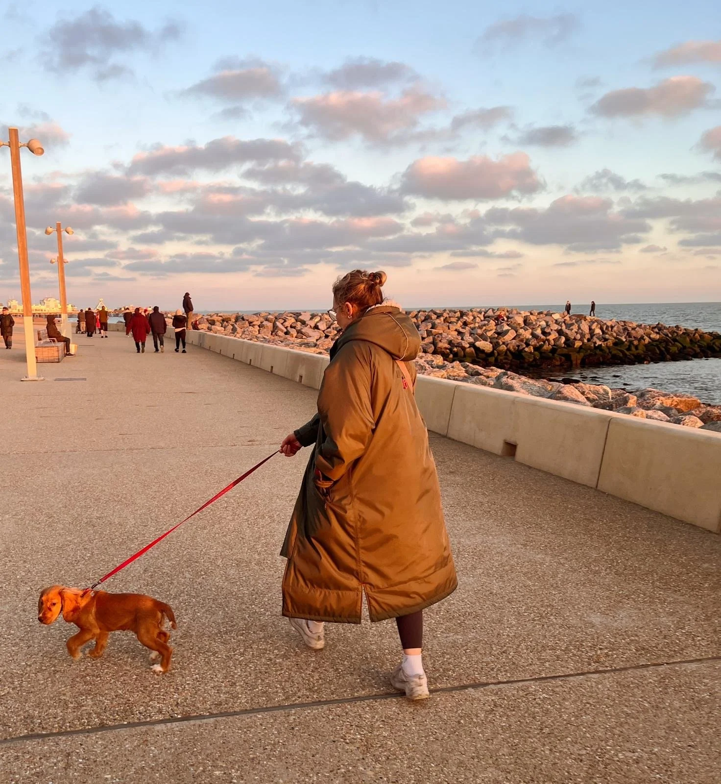 A woman walking a small brown dog along a seaside promenade during sunset, with a rocky breakwater and the ocean in the background, and other people walking or standing nearby.