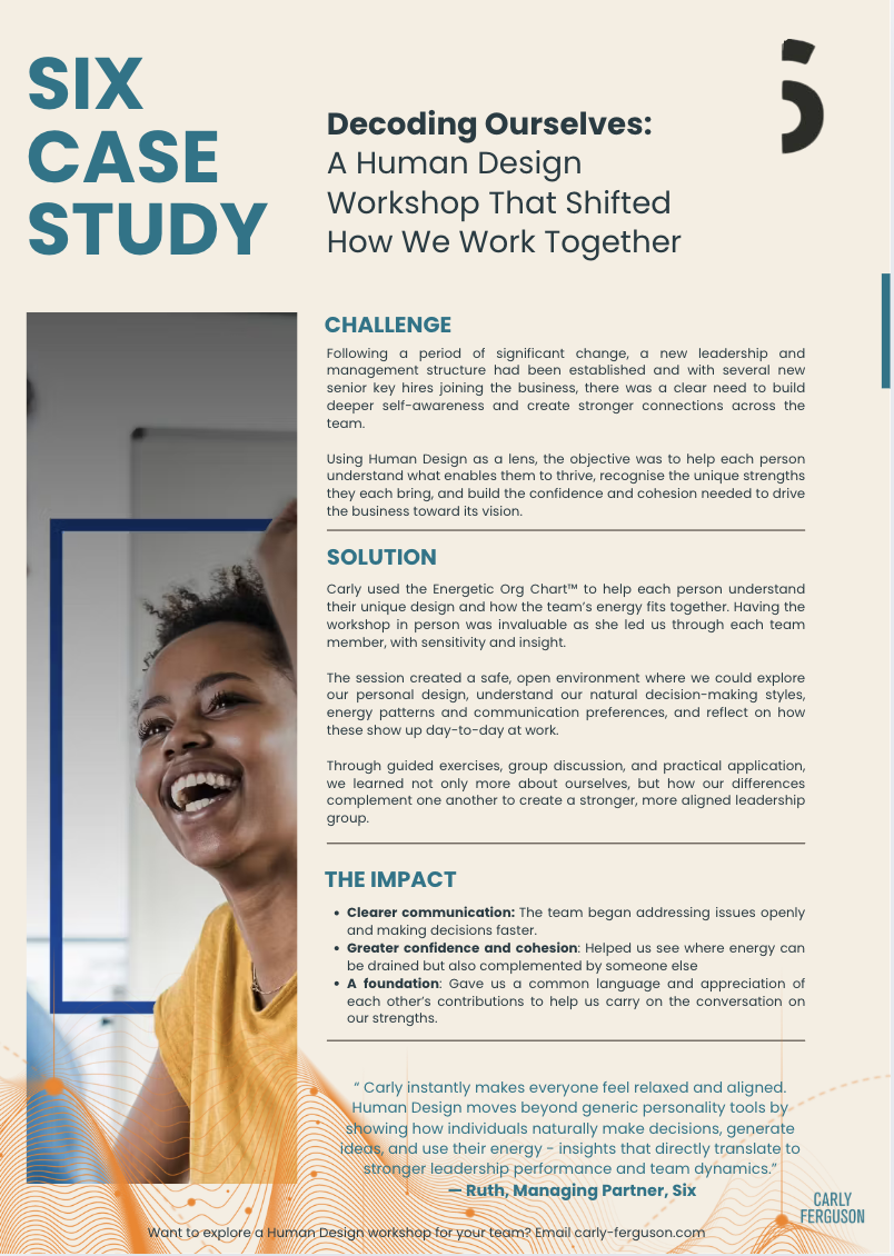 A brochure titled "Six Case Study" discussing a human-centered design workshop, with sections on challenge, solution, and impact, and an image of a smiling woman with short curly hair wearing a yellow top.