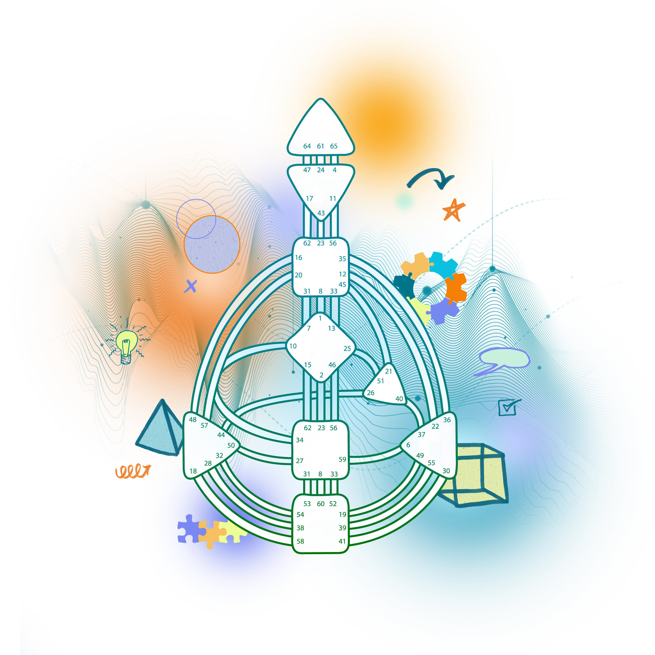 A colorful illustrated diagram of a human body with numbered sections, symbols, and icons representing different body parts and functions, set against a gradient background of blue and orange.
