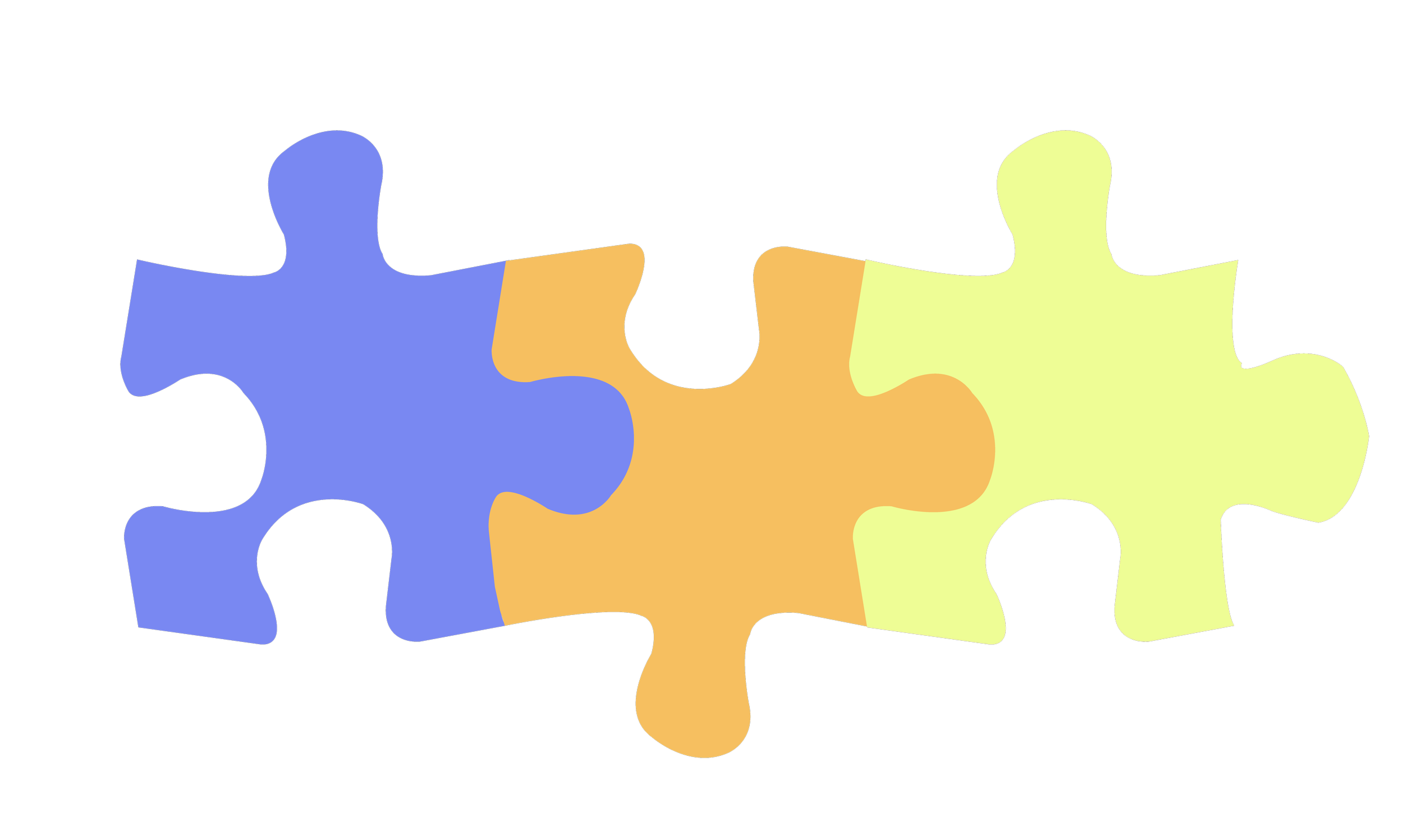 Colorful puzzle pieces in blue, yellow, and orange interlocked on a black background.