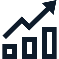 Black upward trending arrow over bar chart with three bars
