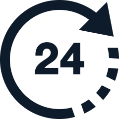A clock icon with the number 24 inside, indicating 24-hour service or availability.