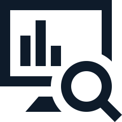 Icon of a computer monitor displaying a bar chart with a magnifying glass.