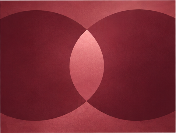 Abstract burgundy geometric design with two overlapping dark circles and a lighter almond-shaped center.