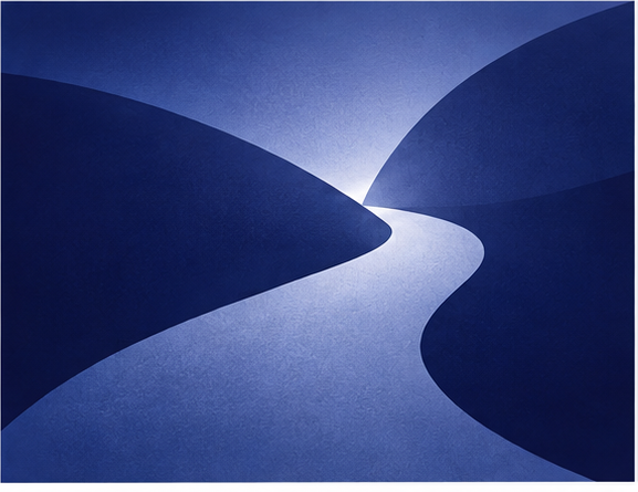 Abstract blue landscape with a winding pale path curving between dark hills toward a bright horizon