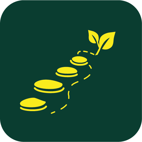 Green background with a yellow plant sprouting from a stack of coins, symbolizing eco-friendly investment.