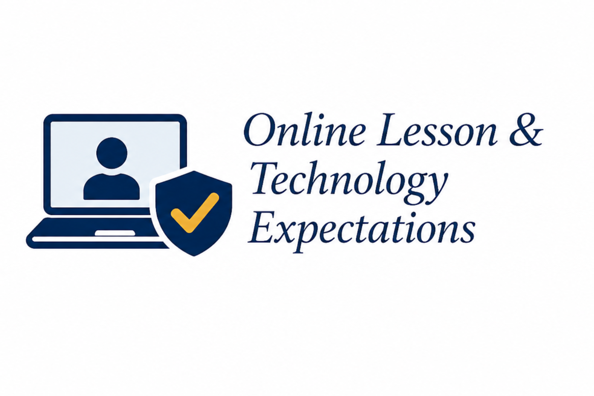 Logo with a computer screen and shield icon, accompanied by the text 'Online Lesson & Technology Expectations' in navy blue script.