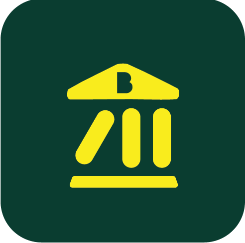 Icon with a yellow Greek temple structure and the letter 'B' on top, against a dark green background.