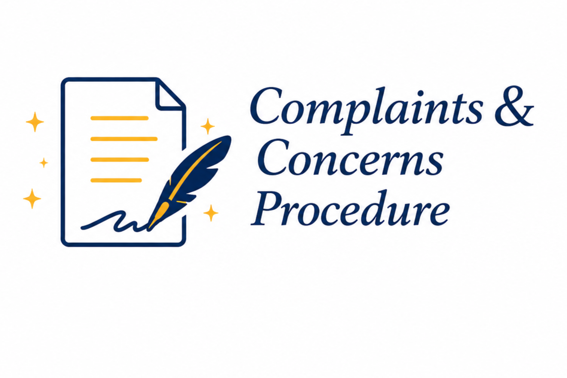 Document icon with a feather pen, stars, and the text 'Complaints & Concerns Procedure' in blue font.