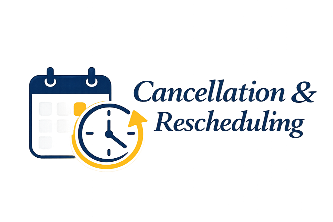 A graphic with a calendar icon, a clock, and the text "Cancellation & Rescheduling."
