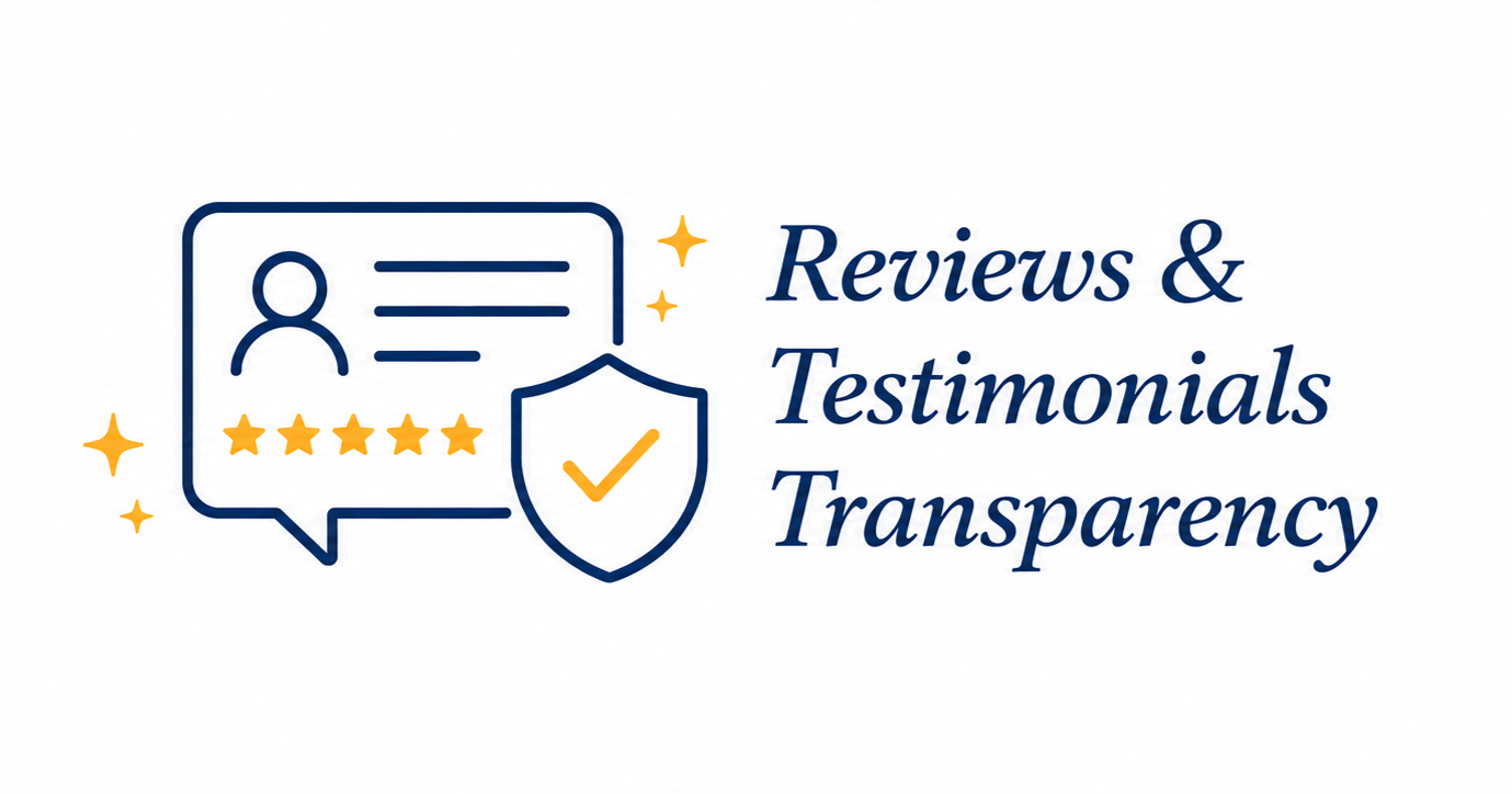 Illustration of review and testimonial icons with a shield and check mark, accompanied by text that reads "Reviews & Testimonials Transparency."