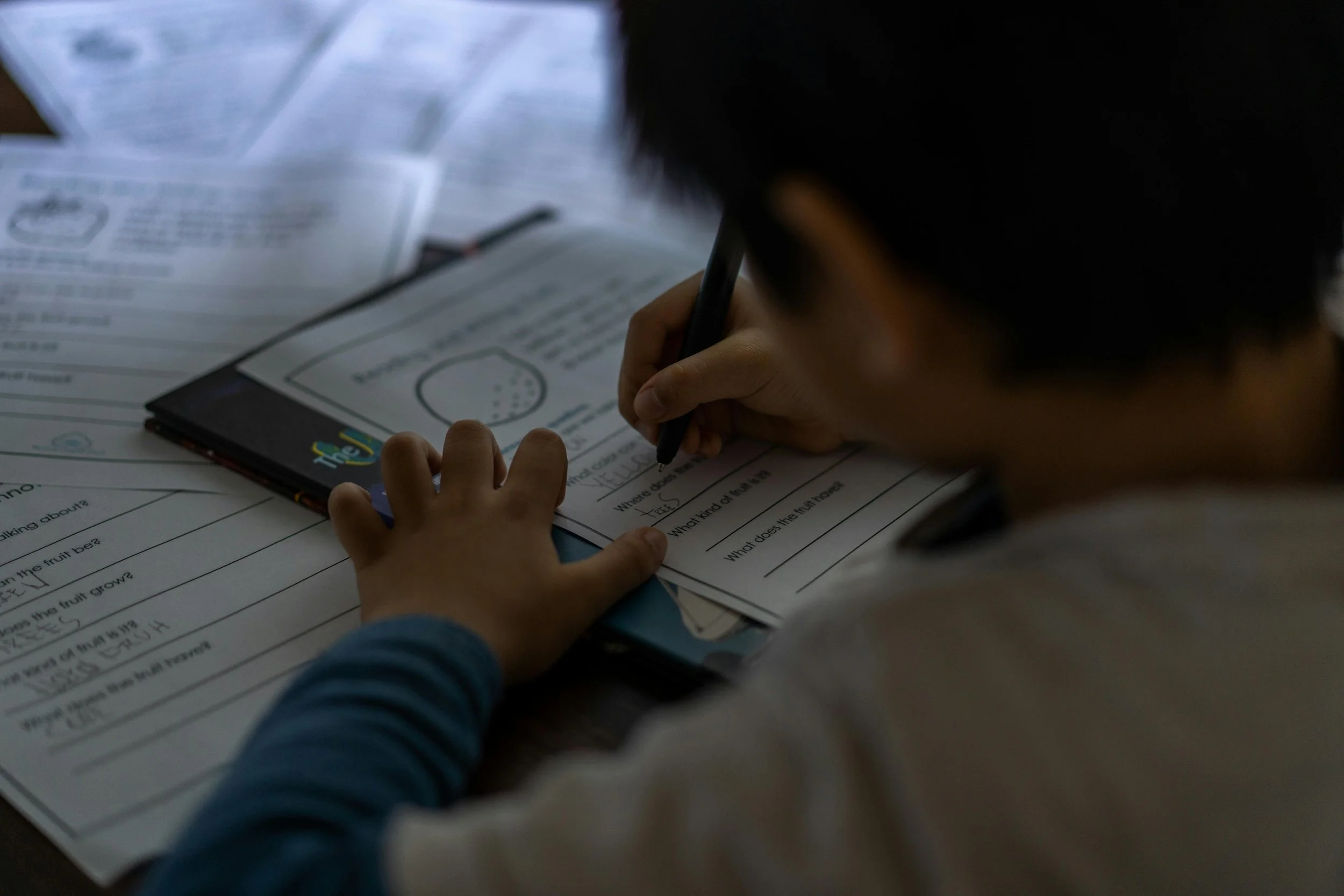 A person with dark hair and a blue long-sleeve shirt writing on a worksheet with a black pen, surrounded by multiple printed sheets of paper on a table.
