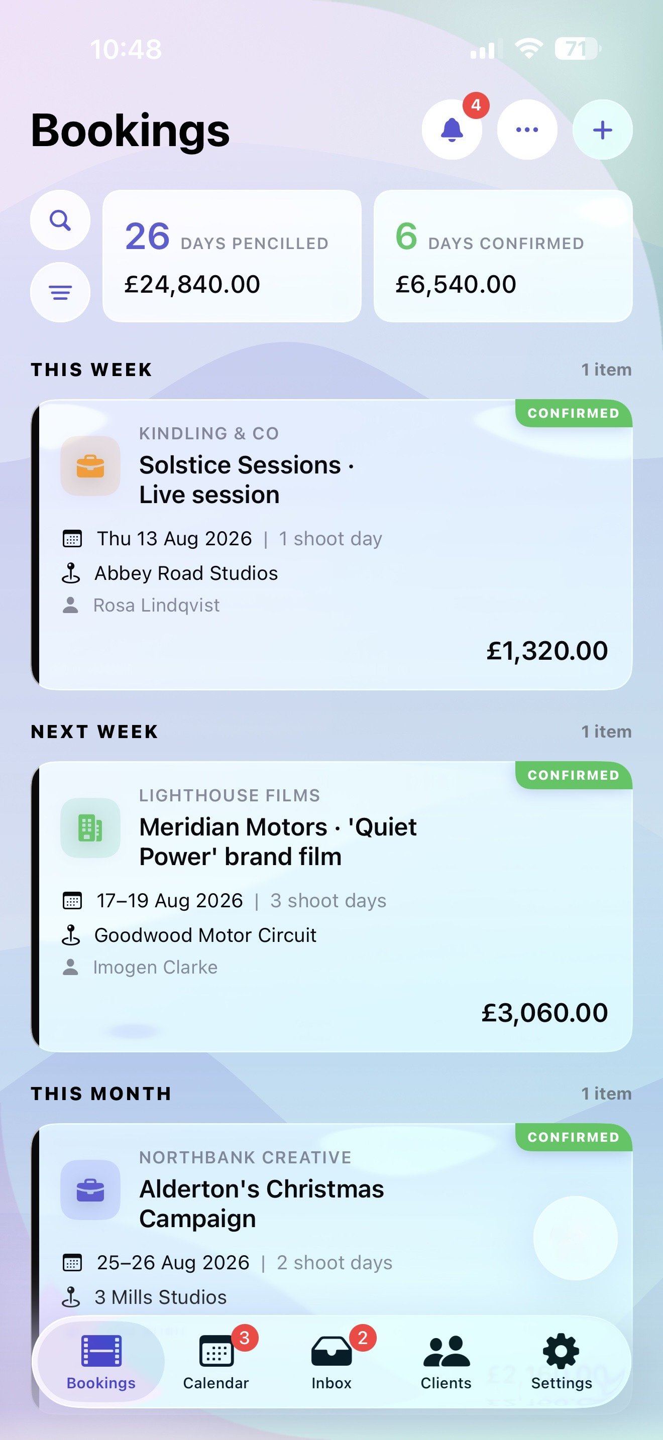 Pencilled bookings dashboard showing pencilled and confirmed film and TV jobs