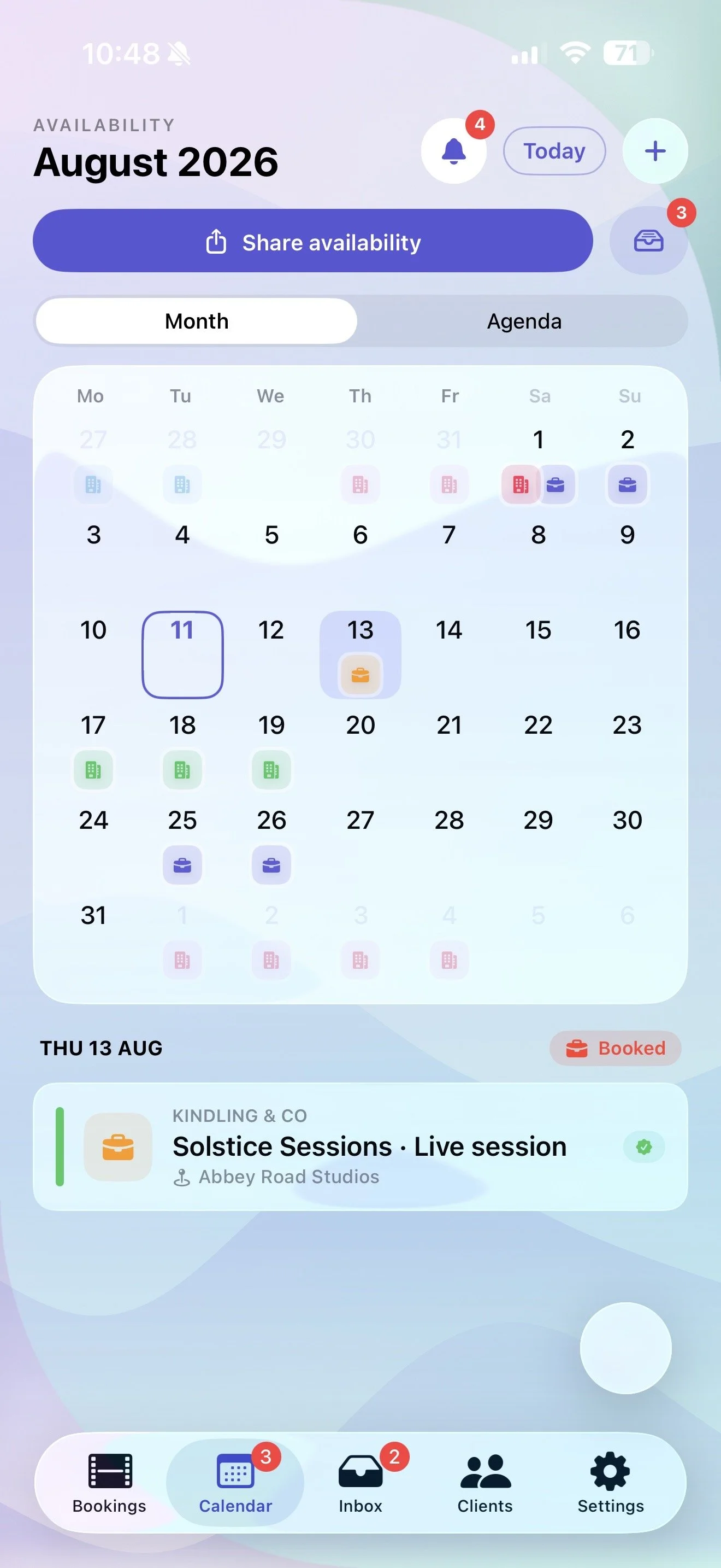 Pencilled availability calendar with share availability button and confirmed booking