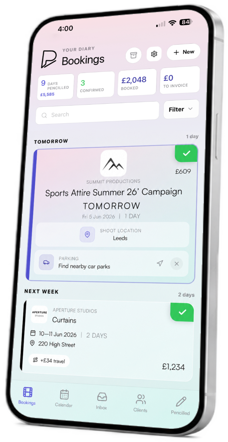 Smartphone screen displaying a scheduling app with bookings, upcoming appointments, and financial details.