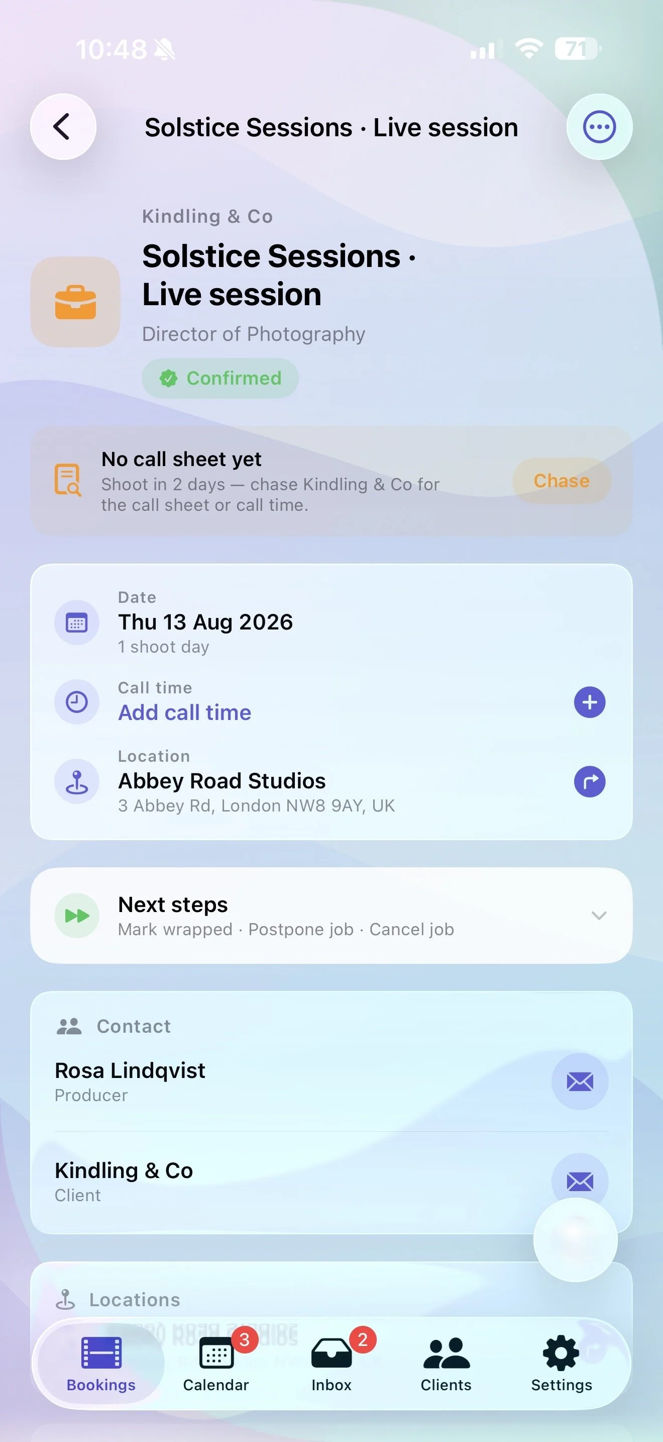 Pencilled booking details with confirmed status, date, location and contacts
