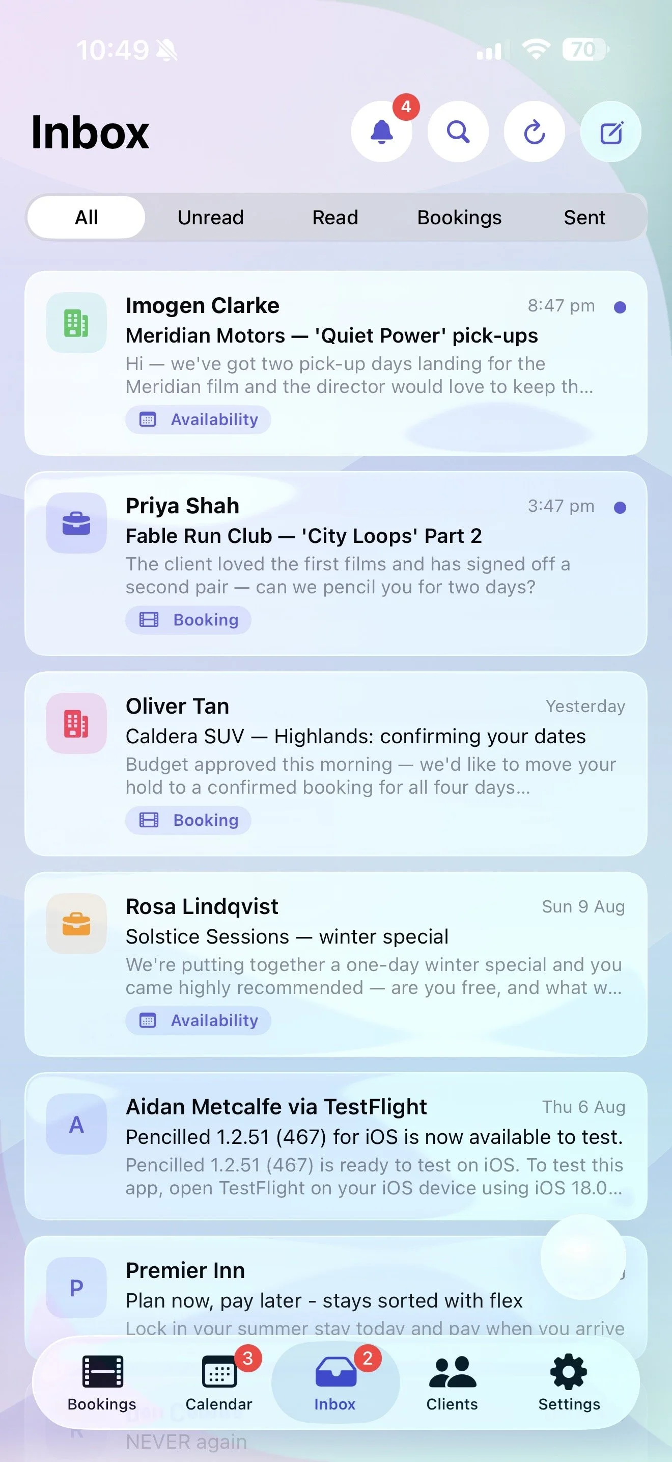 Pencilled inbox organising booking and availability emails