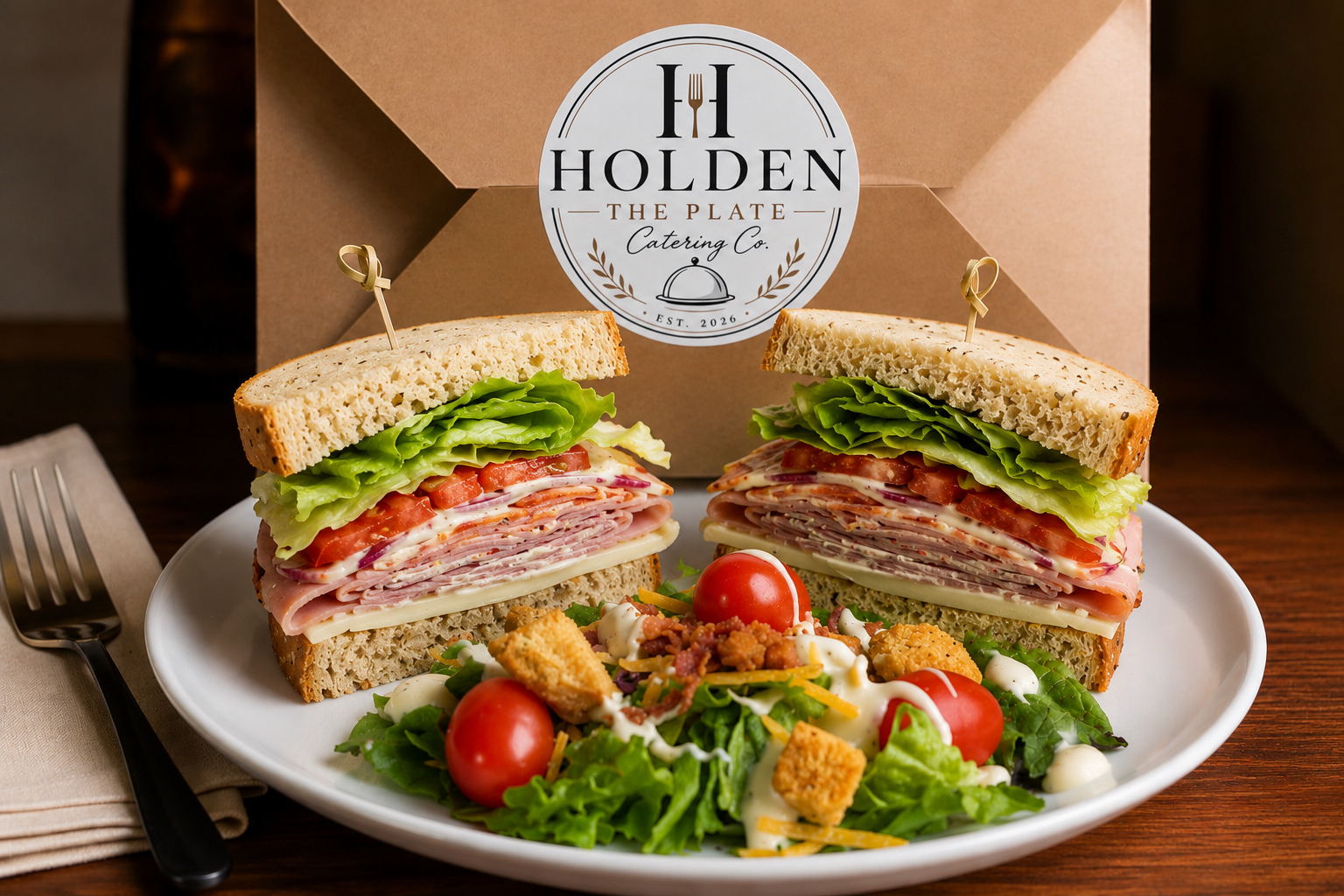 A plate with a club sandwich cut in half, filled with lettuce, tomato, turkey, ham, cheese, and bacon, accompanied by a side salad with cherry tomatoes, croutons, shredded cheese, and dressing, in front of a takeout box with a logo for Holden The Plate Catering Co.