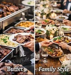 Buffet with various food dishes on the left and a family-style meal on the right, with chairs, tables, and floral centerpieces.