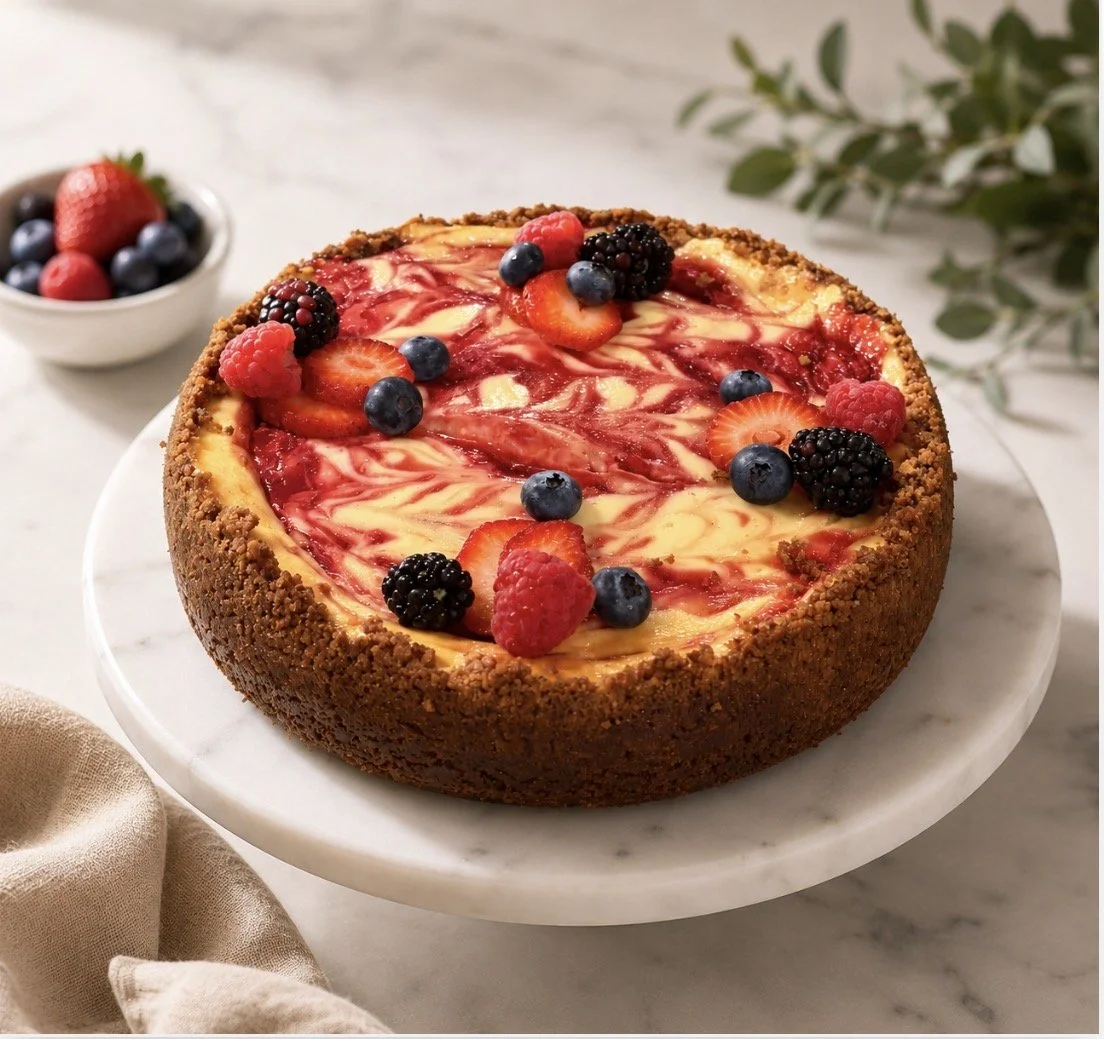 Homemade Raspberry infused Cheese Cake with Fresh Berries toppings