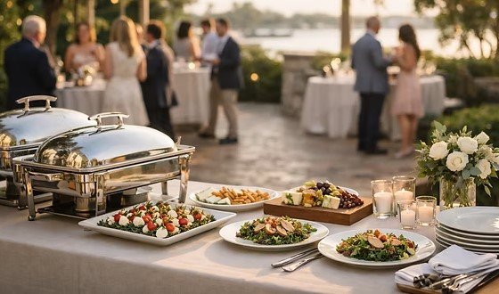 Buffet table with covered chafing dishes, salads, and desserts at an outdoor reception with guests mingling in the background near a lake.
