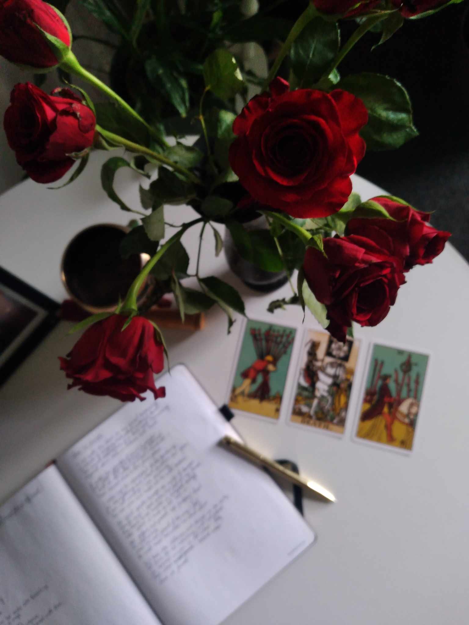 A red rose bouquet in a black vase, an open notebook with handwritten notes, a gold pen, and tarot cards on a white surface.