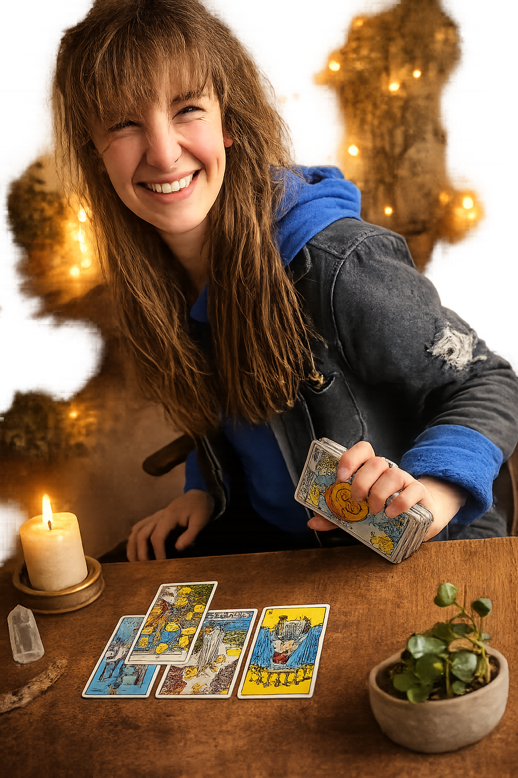A young woman with long red hair, smiling, dressed in a black denim jacket with a blue hoodie underneath, sitting at a table with tarot cards, a lit candle, a crystal, and a potted plant, with blurred warm fairy lights in the background.