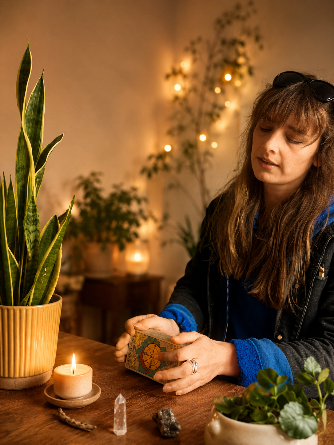 A young woman with long brown hair, wearing a blue hoodie and black jacket, sitting at a wooden table with a potted snake plant, lit candle, and various crystals, holding a tarot card deck, in a cozy room decorated with plants and warm string lights.