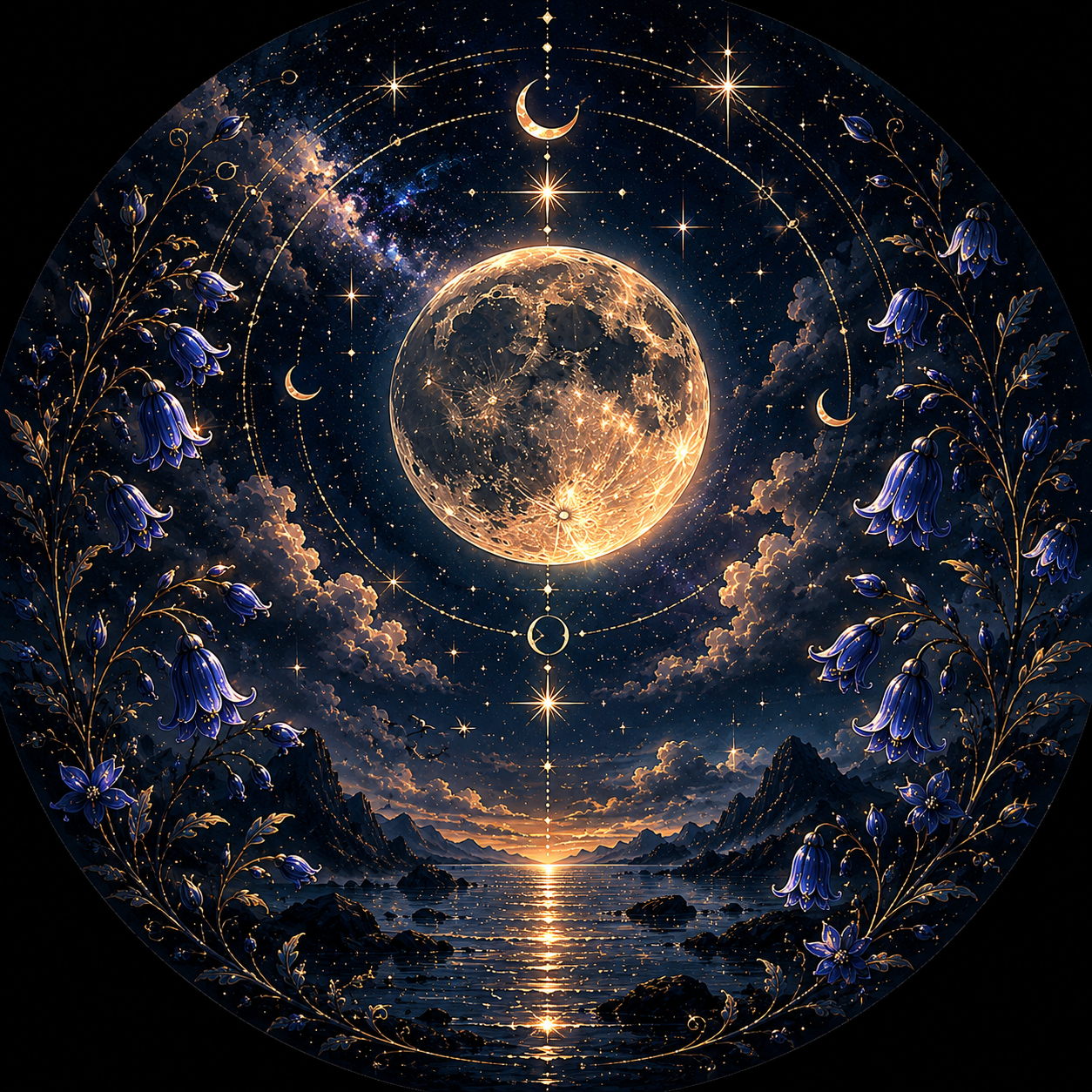 A cosmic scene featuring a glowing moon at the center, surrounded by celestial symbols and constellations in a starry sky. Blue bell flowers frame the scene on both sides, with mountains and a reflective body of water at the bottom, all illuminated with a mystical golden glow.